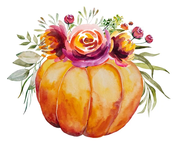 Akvarel Podzimní Složení Dýně Bobulí Barevných Květin Listí Izolované — Stock fotografie