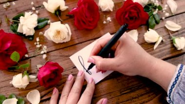 Çiçeklerin yakınındaki bir karta Çiçekler Yazılıyor