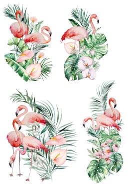 Watercolor pink flamingo, tropical leaves and flowers bouquets isolated illustration for wedding stationary, greetings, wallpaper, fashion, posters