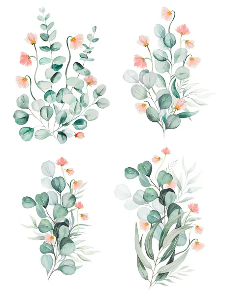 Watercolor Pink Flowers Green Leaves Bouquets Illustration Isolated — 스톡 사진