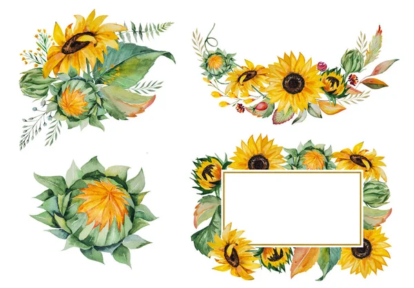 Watercolor Sunflowers Leaves Autumn Frames Bouquets Elements Illustration Isolated — 스톡 사진