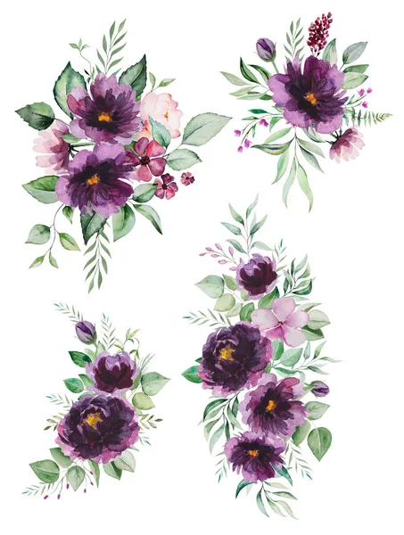 Watercolor Purple Flowers Green Leaves Bouquets Illustration Isolated — Φωτογραφία Αρχείου