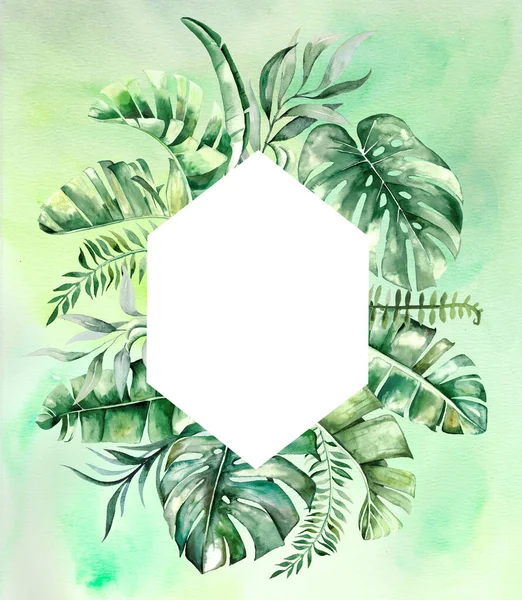 Watercolor Tropical Leaves Geometric Frame Illustration Green Watercolor Background — Zdjęcie stockowe