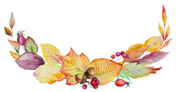 Watercolor Autumn Wreath Made Yellow Red Orange Autumn Leaves Isolated — Foto de Stock