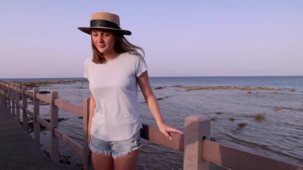 Adolescente Chica Pie Puente Madera Junto Mar — Vídeo de stock