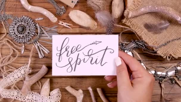 Hand Free Spirit Card Wooden Table Top View Zoom — Stock Video
