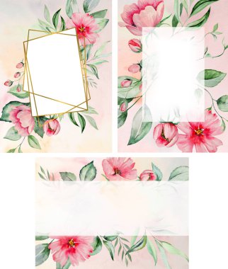 Suluboya pembe çiçekler ve yeşil yapraklar çerçeve kartı, düğün kırtasiyesi için romantik pastel resimler, selamlar, duvar kağıtları, moda, posterler.