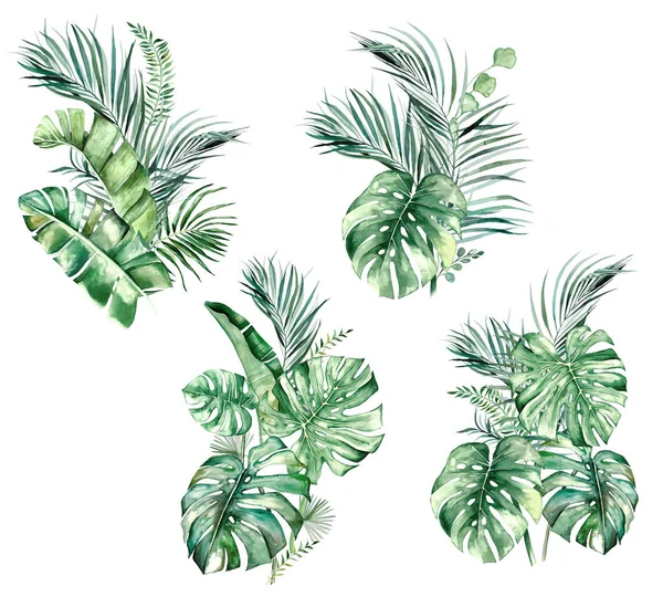 Aquarell Tropische Blätter Blumensträuße Isolierte Illustration Für Hochzeit Schreibwaren Grüße — Stockfoto