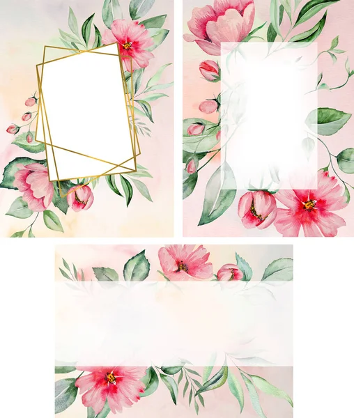 水彩艳丽的粉红色花朵和绿叶相框卡片 浪漫的彩绘婚纱插画 — 图库照片
