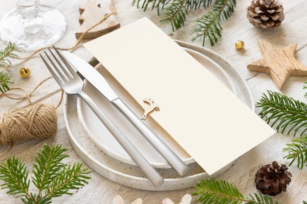 Festive Table Setting Plates Cutlery Fir Tree Branches Mockup Christmas — Stock Photo, Image