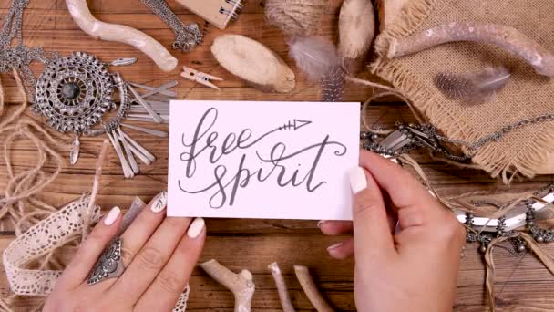 Hand Free Spirit Card Wooden Table Top View — Stock Video