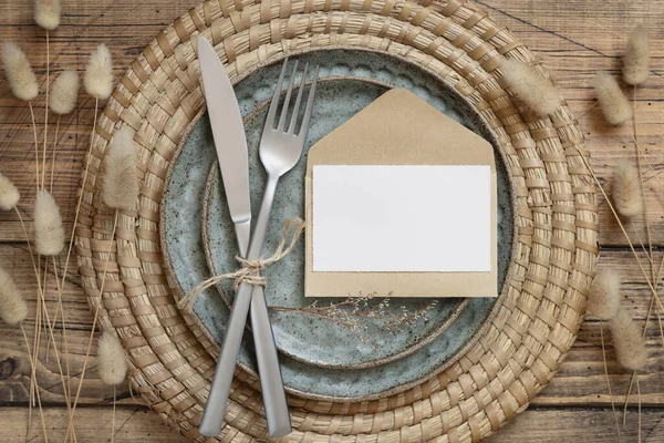 Table Place Blank Paper Card Envelope Fork Knife Plates Surrounded — Stock Photo, Image