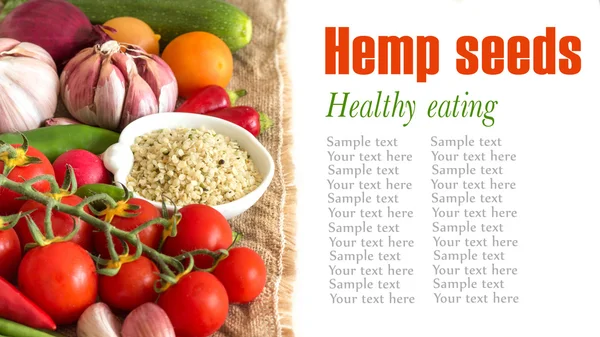 Raw organic hemp seeds and vegetables — Stock Photo, Image