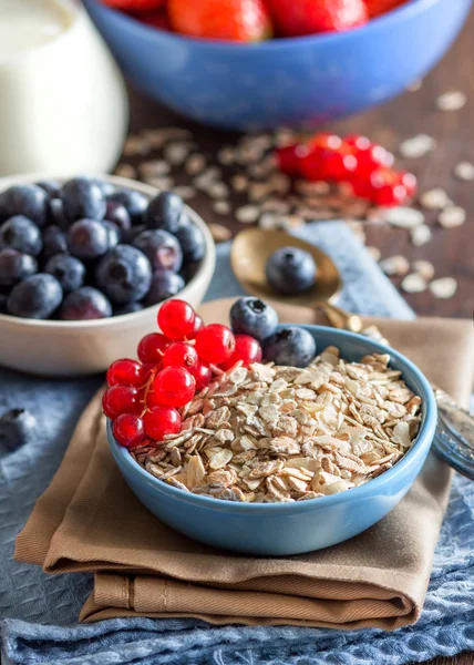 Avena enrollada en un bol con bayas y leche — Foto de Stock