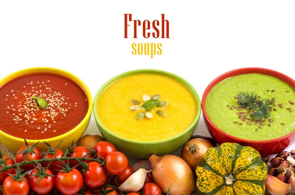 Three fresh soups and vegetables — Stock Photo, Image