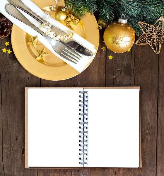 Festive table setting with notebook — Stock Photo, Image