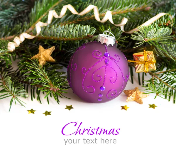 Ornamentos de Natal roxo e dourado fronteira — Fotografia de Stock