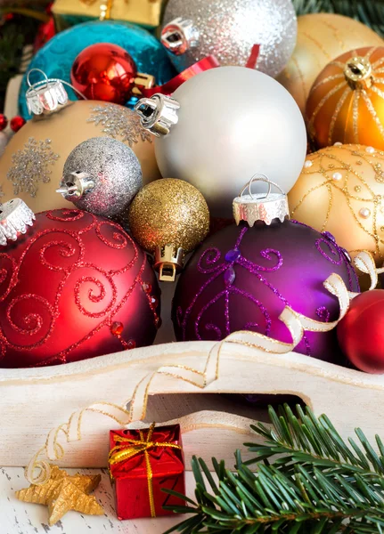 Wooden tray with Christmas decorations — Stock Photo, Image