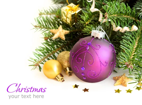 Ornamentos de Natal roxo e dourado fronteira — Fotografia de Stock