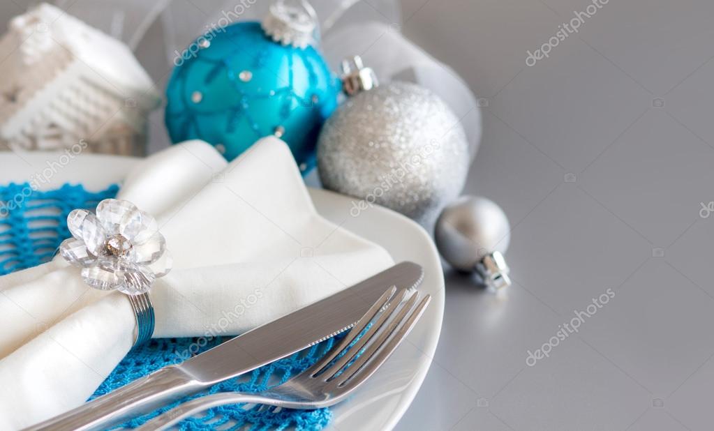 Turquoise and silver Christmas ornaments border