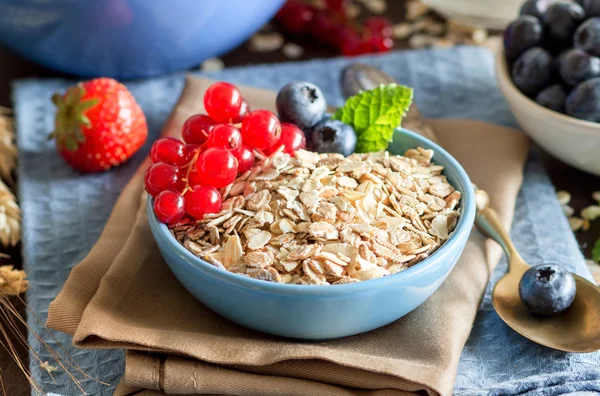 Rolled oats in a bowl with berries and milk — Stock Photo, Image
