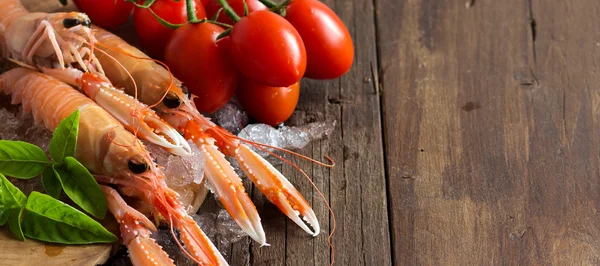 Raw langoustine on ice with tomatoes and basil — Stockfoto