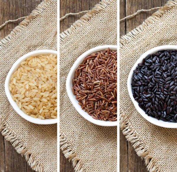 Colagem de arroz diferente em tigelas — Fotografia de Stock