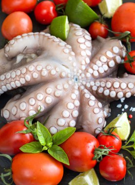 Limon, domates ve fesleğen ile ham ahtapot