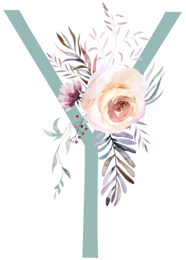 Açık yeşil renkli Y harfi, sulu gül çiçekleri ve küçük yapraklarla izole edilmiş illüstrasyon. Açık pembe, mavi ve açık yeşil alfabe elementi bebek partisi veya romantik düğün kırtasiyesi için.