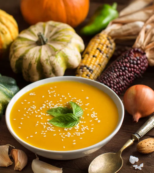 Fresh pumpkin soup with a spoon and vegetables — Stock Photo, Image