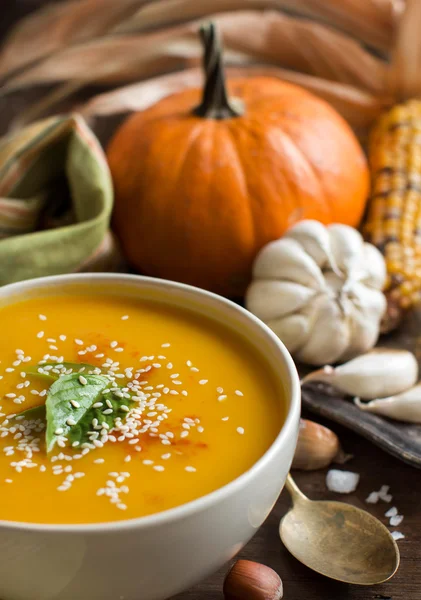 Fresh pumpkin soup and vegetables — Stock Photo, Image