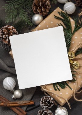 Çam kozalakları, baharatlar, köknar dalları, üst manzara, maket. Kopya alanı olan sıcak tatil aile tebrik kartı.