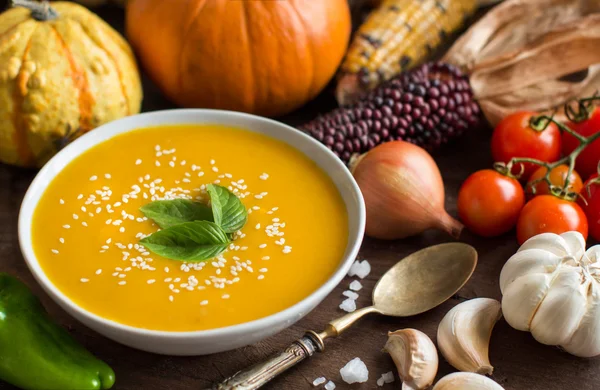 Fresh pumpkin soup with a spoon and vegetables — Stock Photo, Image