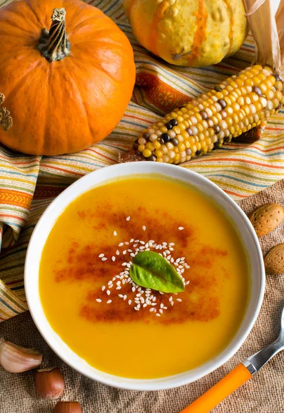 Fresh pumpkin soup and vegetables — Stock Photo, Image