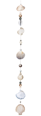 El boyası, deniz kabuklarından yapılmış dikey bir çelenk ve ipin üzerinde yuvarlak boncuklar. Suluboya, sahil bohem düğünü ve bebek partisi kırtasiyesi için izole edilmiş bir resim.