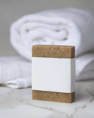 Beyaz banyo havlularının yanında boş kağıt etiketli kahverengi, katı sabun kalıbı. Tarafsız arkaplanda fotokopi alanı olan markasız ürün. Kişisel bakım bağlamı