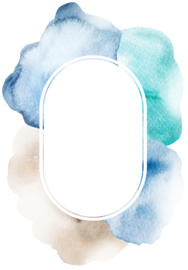 Turkuaz üzerinde oval çerçeve sınırı, mavi ve bej suluboya el boyası lekesi. Düğün davetiyeleri, kırtasiye şablonları ve olay kartı tasarımı için kopya alanı ile izole illüstrasyon