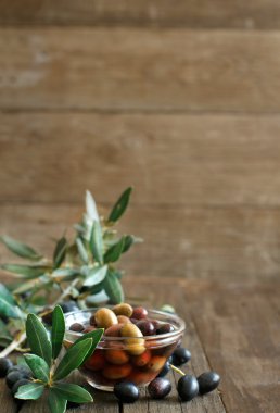 Taze zeytin ve zeytin dalı ahşap arka plan üzerinde