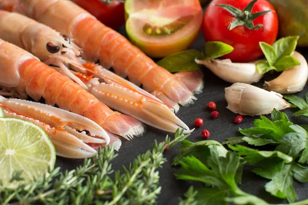 Langoustinos crudos con verduras y hierbas —  Fotos de Stock