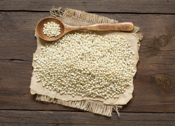 Vit Sorghum korn med en sked — Stockfoto