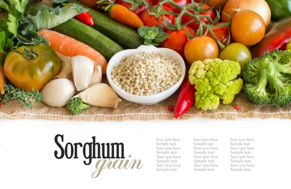 White sorghum grain in a bowl with vegetables — Stock Photo, Image