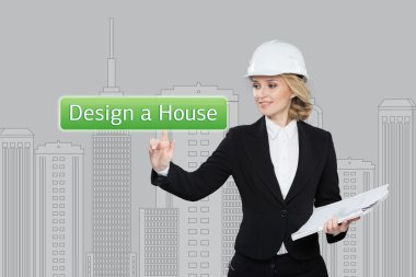 İş kadını sanal ekranlarda hause düğmesine basıyor. Konut Blokları. İş, teknoloji, internet ve ağ konsepti