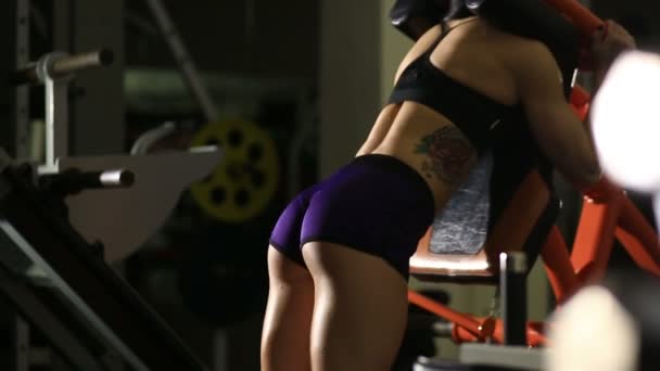 Σέξι γυναίκα μελαχρινή ισχυρή καταλληλότητας που κάνει τις στάσεις οκλαδόν σε ένα γυμναστήριο — Αρχείο Βίντεο
