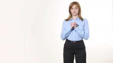 Titreşimli görüntü parmak. Kız pantolon ve blous. Beyaz arka plan üzerinde izole. beden dili. kadın hareketleri. sözsüz ipuçları