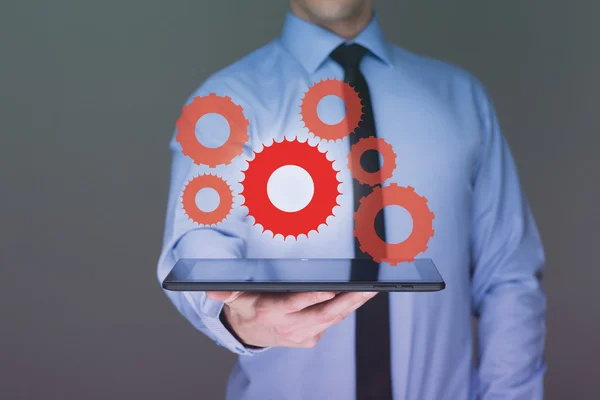 Hombre de negocios mano toque equipo para el éxito como concepto. Hombre de negocios con tableta PC . — Foto de Stock