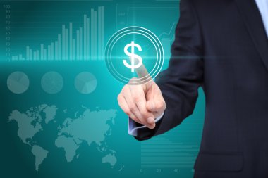 İşadamı dijital arabirimi dolar işareti presler.