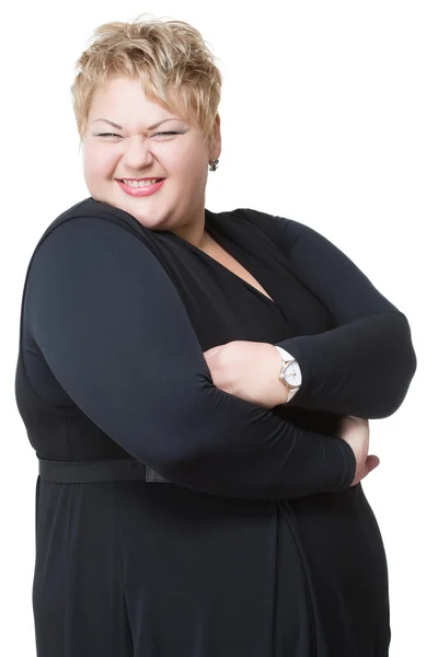 Sorrindo mulher gorda em vestido preto — Fotografia de Stock