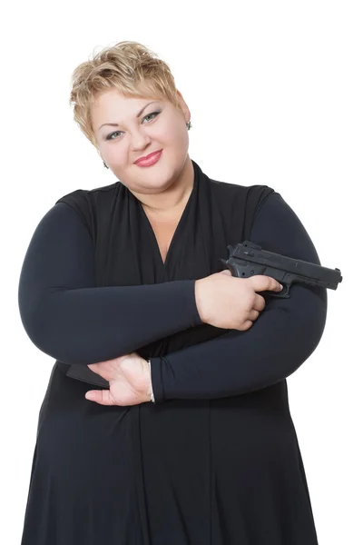 Fat woman with a gun. — Stock Photo, Image