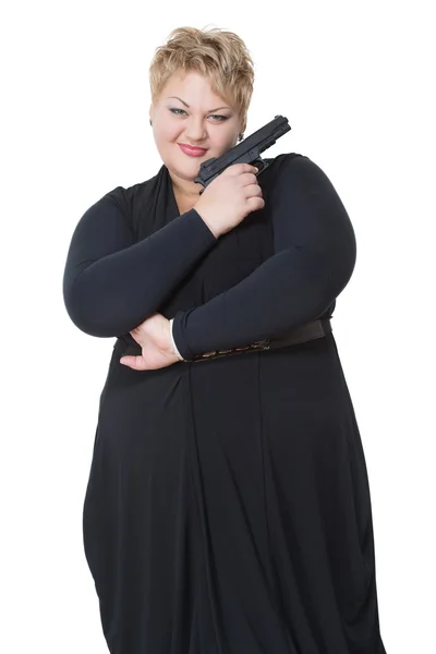 Dicke Frau mit Waffe. — Stockfoto