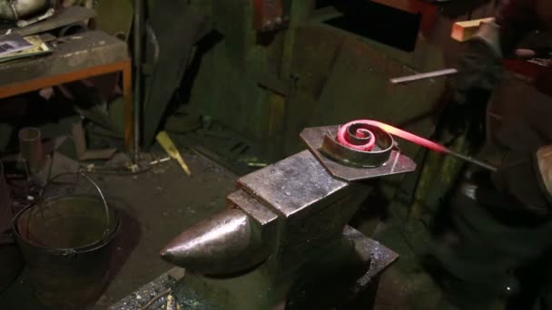 Blacksmith working on metal on anvil at forge. — Stock Video